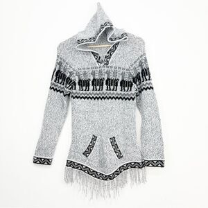 Peruvian Tribal Knit Hooded Pullover Fringed Ethnic Tunic Sweater